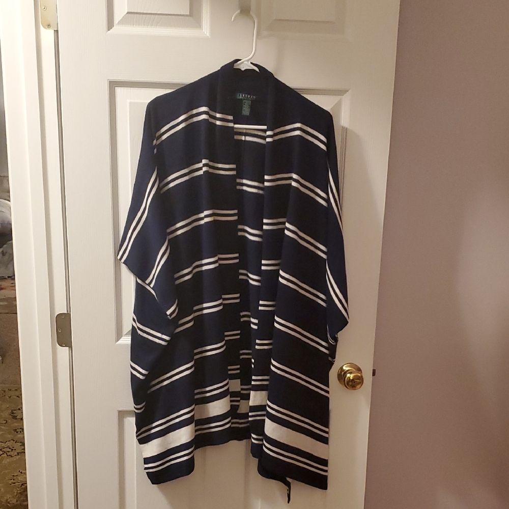 Ralph Lauren Navy and White Striped Poncho Wrap Sweater L